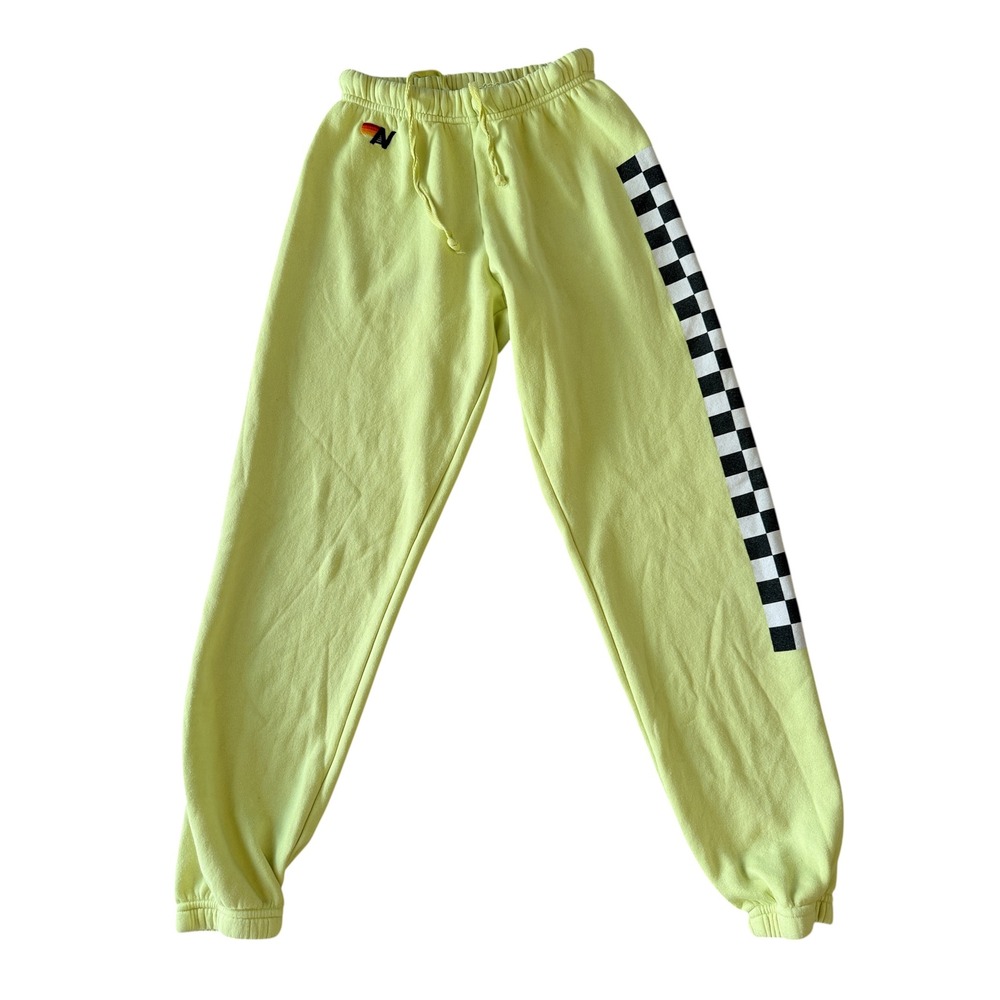 Aviator Nation Women Yellow Checkered Side Stripe Sweatpants Joggers Small